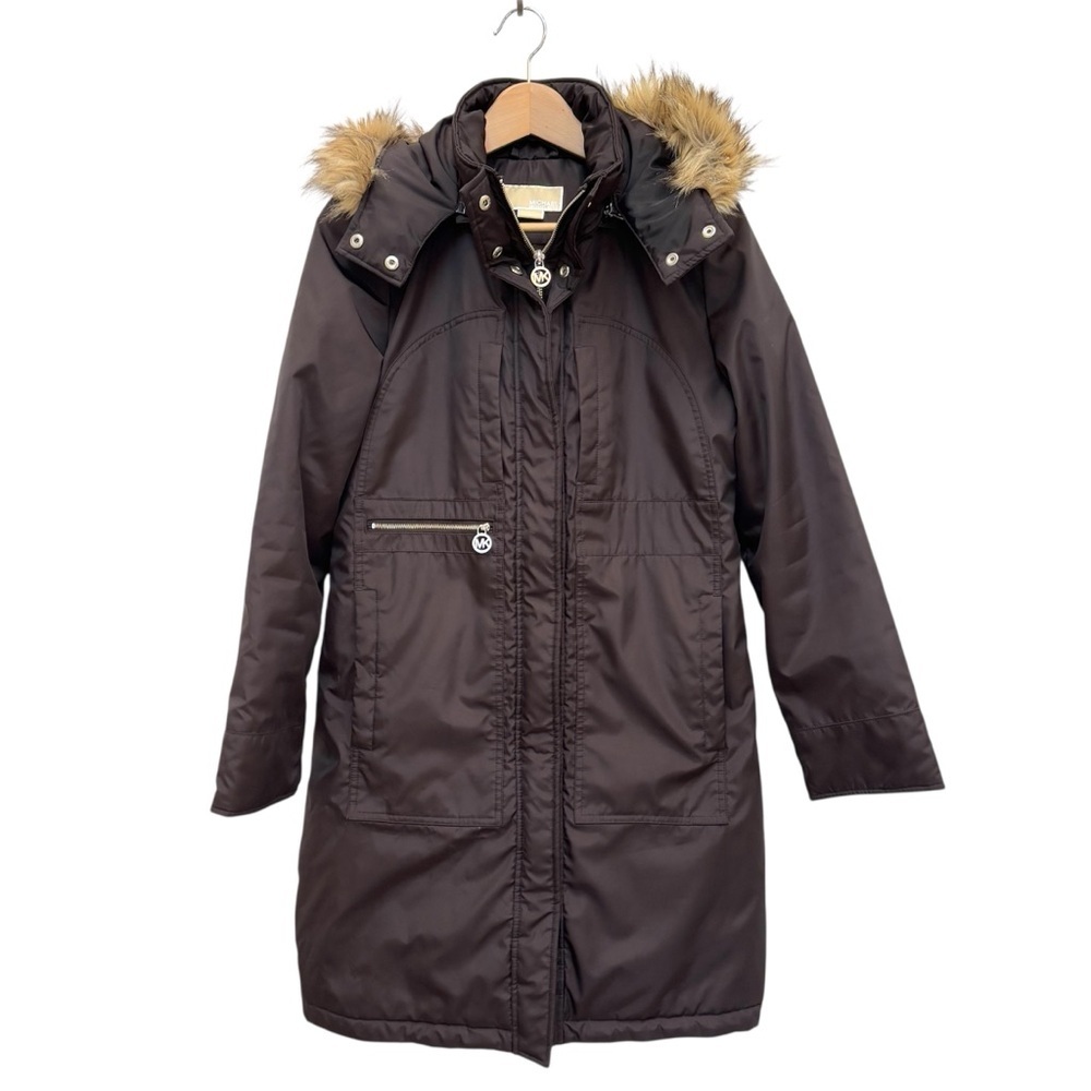 Michael Kors Zip Front Mid Length Parka Coat Removeable Hood Chocolate Brown S